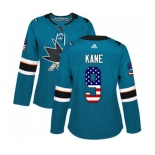 Women Adidas San Jose Sharks #9 Evander Kane Authentic Teal Green USA Flag Fashion NHL Jersey