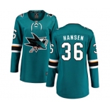 Women San Jose Sharks #36 Jannik Hansen Fanatics Branded Teal Green Home Breakaway NHL Jersey