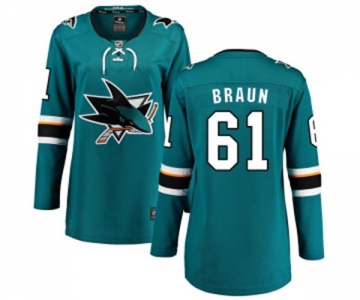 Women San Jose Sharks #61 Justin Braun Fanatics Branded Teal Green Home Breakaway NHL Jersey