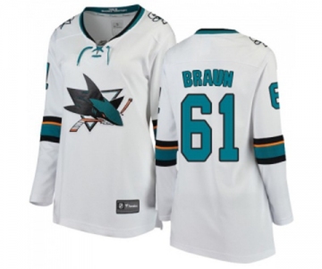 Women San Jose Sharks #61 Justin Braun Fanatics Branded White Away Breakaway NHL Jersey