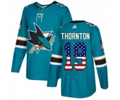 Youth Adidas San Jose Sharks #19 Joe Thornton Authentic Teal Green USA Flag Fashion NHL Jersey