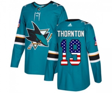 Youth Adidas San Jose Sharks #19 Joe Thornton Authentic Teal Green USA Flag Fashion NHL Jersey