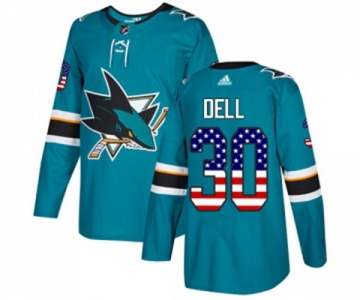 Youth Adidas San Jose Sharks #30 Aaron Dell Authentic Teal Green USA Flag Fashion NHL Jersey