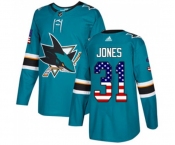 Youth Adidas San Jose Sharks #31 Martin Jones Authentic Teal Green USA Flag Fashion NHL Jersey