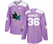 Youth Adidas San Jose Sharks #36 Jannik Hansen Authentic Purple Fights Cancer Practice NHL Jersey