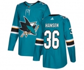 Youth Adidas San Jose Sharks #36 Jannik Hansen Authentic Teal Green Home NHL Jersey