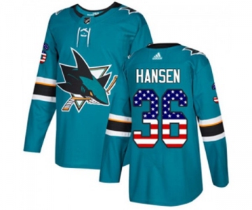 Youth Adidas San Jose Sharks #36 Jannik Hansen Authentic Teal Green USA Flag Fashion NHL Jersey