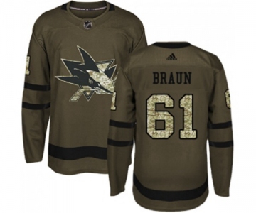 Youth Adidas San Jose Sharks #61 Justin Braun Authentic Green Salute to Service NHL Jersey