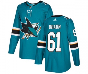 Youth Adidas San Jose Sharks #61 Justin Braun Authentic Teal Green Home NHL Jersey