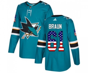 Youth Adidas San Jose Sharks #61 Justin Braun Authentic Teal Green USA Flag Fashion NHL Jersey