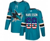 Youth Adidas San Jose Sharks #68 Melker Karlsson Authentic Teal Green USA Flag Fashion NHL Jersey