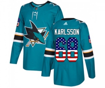 Youth Adidas San Jose Sharks #68 Melker Karlsson Authentic Teal Green USA Flag Fashion NHL Jersey