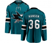 Youth San Jose Sharks #36 Jannik Hansen Fanatics Branded Teal Green Home Breakaway NHL Jersey