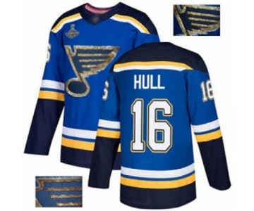 Men's St. Louis Blues #16 Brett Hull Authentic Royal Blue Fashion Gold 2019 Stanley Cup Champions Hockey Jersey