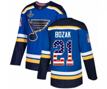 Men's St. Louis Blues #21 Tyler Bozak Authentic Blue USA Flag Fashion 2019 Stanley Cup Champions Hockey Jersey