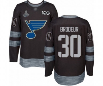 Men's St. Louis Blues #30 Martin Brodeur Authentic Black 1917-2017 100th Anniversary 2019 Stanley Cup Champions Hockey Jersey