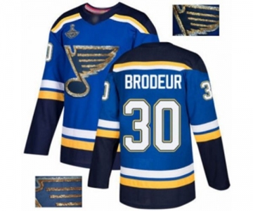 Men's St. Louis Blues #30 Martin Brodeur Authentic Royal Blue Fashion Gold 2019 Stanley Cup Champions Hockey Jersey