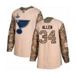 Men's St. Louis Blues #34 Jake Allen Authentic Camo Veterans Day Practice 2019 Stanley Cup Champions Hockey Jersey