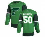 Men's St. Louis Blues #50 Jordan Binnington 2020 St. Patrick's Day Stitched Hockey Jersey Green