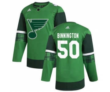 Men's St. Louis Blues #50 Jordan Binnington 2020 St. Patrick's Day Stitched Hockey Jersey Green