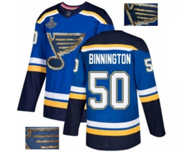 Men's St. Louis Blues #50 Jordan Binnington Authentic Royal Blue Fashion Gold 2019 Stanley Cup Champions Hockey Jersey