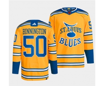 Men's St. Louis Blues #50 Jordan Binnington Yellow 2022-23 Reverse Retro Stitched Jersey