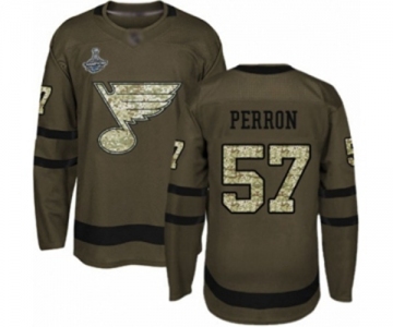 Men's St. Louis Blues #57 David Perron Authentic Green Salute to Service 2019 Stanley Cup Champions Hockey Jersey