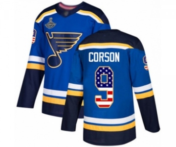 Men's St. Louis Blues #9 Shayne Corson Authentic Blue USA Flag Fashion 2019 Stanley Cup Champions Hockey Jersey