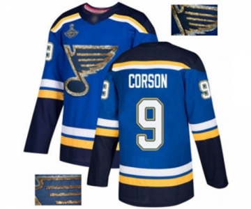 Men's St. Louis Blues #9 Shayne Corson Authentic Royal Blue Fashion Gold 2019 Stanley Cup Champions Hockey Jersey