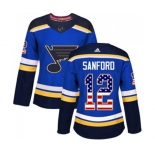 Women Adidas St. Louis Blues #12 Zach Sanford Authentic Blue USA Flag Fashion NHL Jersey