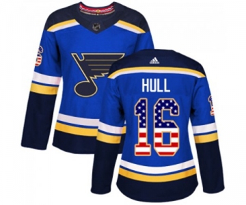 Women Adidas St. Louis Blues #16 Brett Hull Authentic Blue USA Flag Fashion NHL Jersey