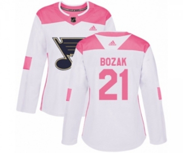 Women Adidas St. Louis Blues #21 Tyler Bozak Authentic White Pink Fashion NHL Jersey