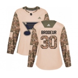 Women Adidas St. Louis Blues #30 Martin Brodeur Authentic Camo Veterans Day Practice NHL Jersey