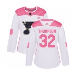 Women Adidas St. Louis Blues #32 Tage Thompson Authentic White Pink Fashion NHL Jersey