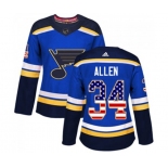 Women Adidas St. Louis Blues #34 Jake Allen Authentic Blue USA Flag Fashion NHL Jersey