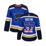 Women Adidas St. Louis Blues #37 Klim Kostin Authentic Blue USA Flag Fashion NHL Jersey