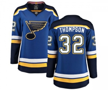 Women St. Louis Blues #32 Tage Thompson Fanatics Branded Royal Blue Home Breakaway NHL Jersey