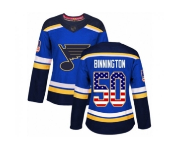 Women St. Louis Blues #50 Jordan Binnington Authentic Blue USA Flag Fashion Hockey Jersey