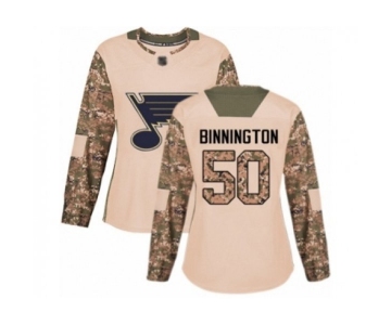 Women St. Louis Blues #50 Jordan Binnington Authentic Camo Veterans Day Practice Hockey Jersey