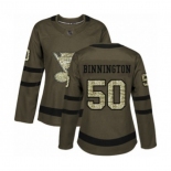 Women St. Louis Blues #50 Jordan Binnington Authentic Green Salute to Service Hockey Jersey