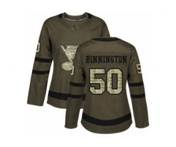 Women St. Louis Blues #50 Jordan Binnington Authentic Green Salute to Service Hockey Jersey