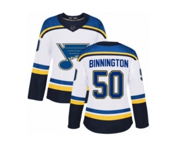 Women St. Louis Blues #50 Jordan Binnington Authentic White Away Hockey Jersey