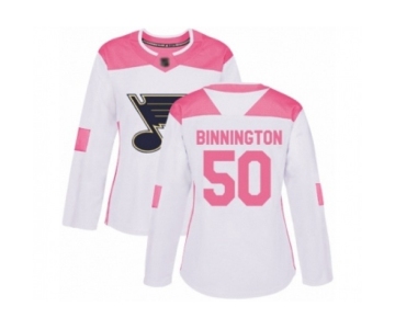 Women St. Louis Blues #50 Jordan Binnington Authentic White Pink Fashion Hockey Jersey