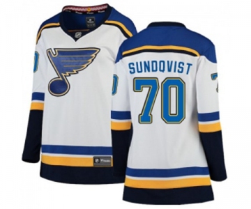 Women St. Louis Blues #70 Oskar Sundqvist Fanatics Branded White Away Breakaway NHL Jersey