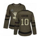 Women's St. Louis Blues #10 Brayden Schenn Authentic Green Salute to Service 2019 Stanley Cup Champions Hockey Jersey