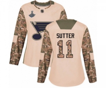 Women's St. Louis Blues #11 Brian Sutter Authentic Camo Veterans Day Practice 2019 Stanley Cup Champions Hockey Jersey