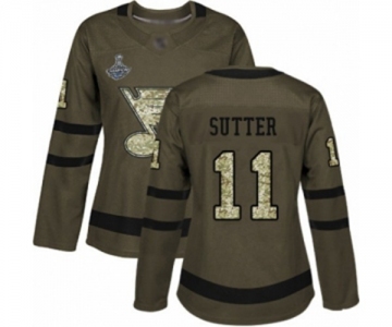 Women's St. Louis Blues #11 Brian Sutter Authentic Green Salute to Service 2019 Stanley Cup Champions Hockey Jersey