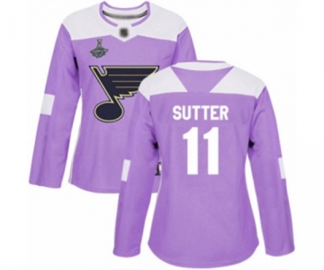 Women's St. Louis Blues #11 Brian Sutter Authentic Purple Fights Cancer Practice 2019 Stanley Cup Champions Hockey Jersey