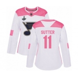 Women's St. Louis Blues #11 Brian Sutter Authentic White Pink Fashion 2019 Stanley Cup Champions Hockey Jersey