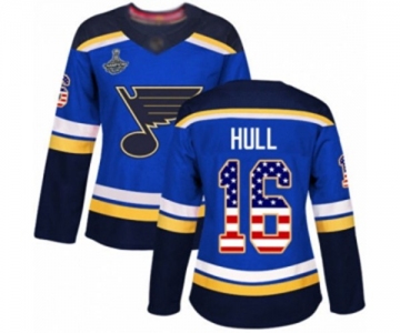 Women's St. Louis Blues #16 Brett Hull Authentic Blue USA Flag Fashion 2019 Stanley Cup Champions Hockey Jersey